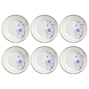 Jogo 6 Pratos Rasos Relevo Cerâmica Adelaide Filete Ouro 29cm Alleanza