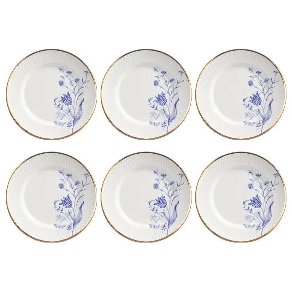 Jogo 6 Pratos Rasos Relevo Cerâmica Adelaide Filete Ouro 29cm Alleanza