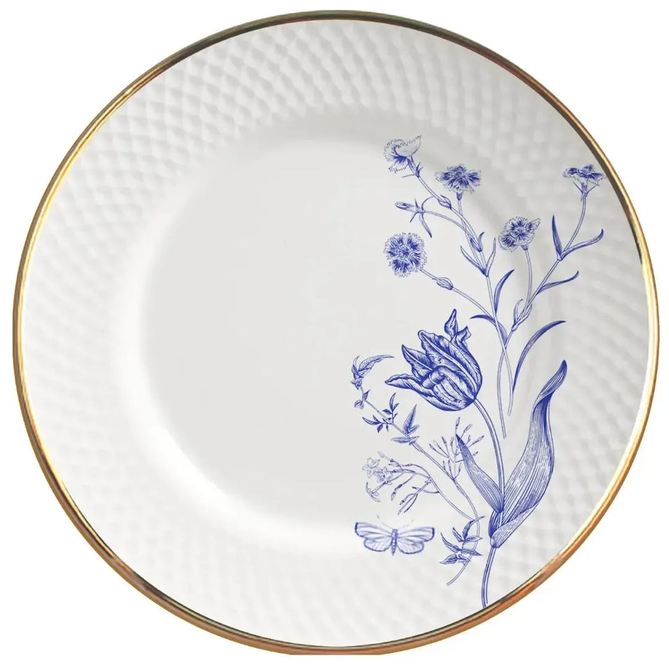 Jogo 6 Pratos Rasos Relevo Cerâmica Adelaide Filete Ouro 29cm Alleanza