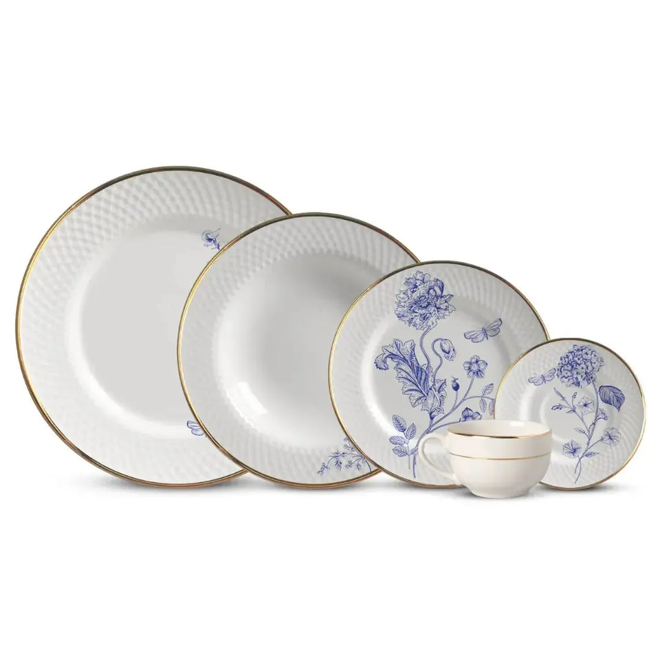 Jogo 6 Pratos Rasos Relevo Cerâmica Adelaide Filete Ouro 29cm Alleanza