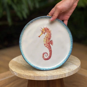 Jogo 6 Pratos Sobremesa Atlântica Cerâmica Estrela do Mar Cavalo Marinho Peixe 21cm Scalla