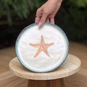 Jogo 6 Pratos Sobremesa Atlântica Cerâmica Estrela do Mar Cavalo Marinho Peixe 21cm Scalla