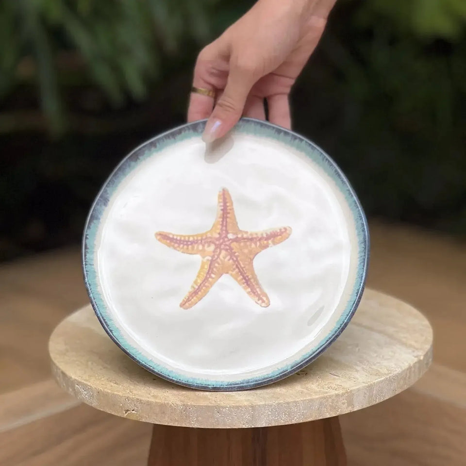 Jogo 6 Pratos Sobremesa Atlântica Cerâmica Estrela do Mar Cavalo Marinho Peixe 21cm Scalla