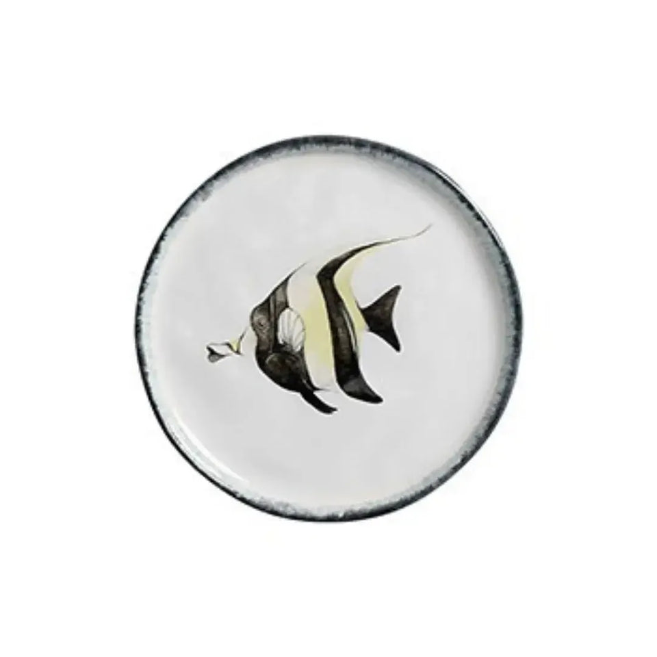 Jogo 6 Pratos Sobremesa Atlântica Cerâmica Estrela do Mar Cavalo Marinho Peixe 21cm Scalla