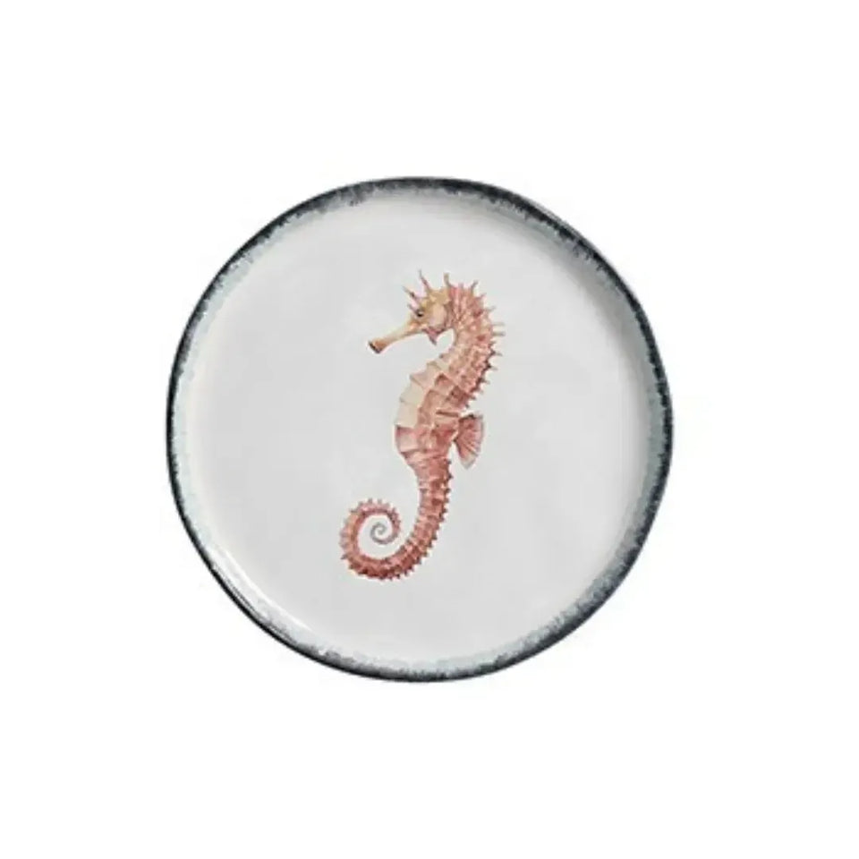 Jogo 6 Pratos Sobremesa Atlântica Cerâmica Estrela do Mar Cavalo Marinho Peixe 21cm Scalla
