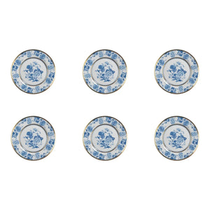 Jogo 6 Pratos Sobremesa Cerâmica Chinese Blue Filete Ouro 21cm Alleanza