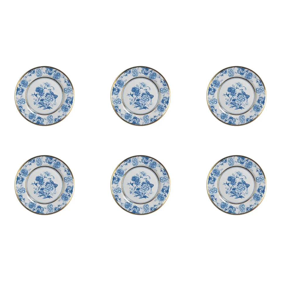 Jogo 6 Pratos Sobremesa Cerâmica Chinese Blue Filete Ouro 21cm Alleanza