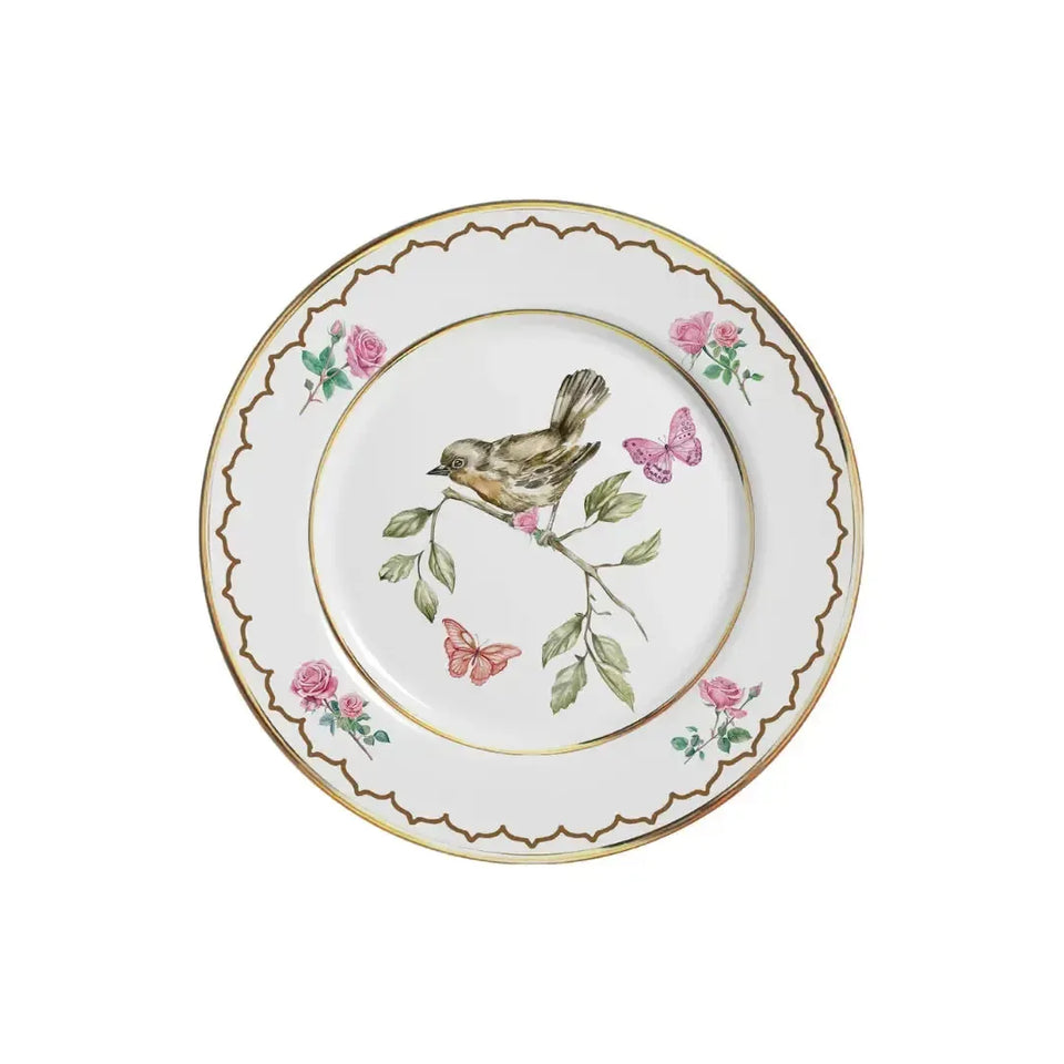 Jogo 6 Pratos Sobremesa Cerâmica Sweet Bird Filete Ouro 21cm Alleanza