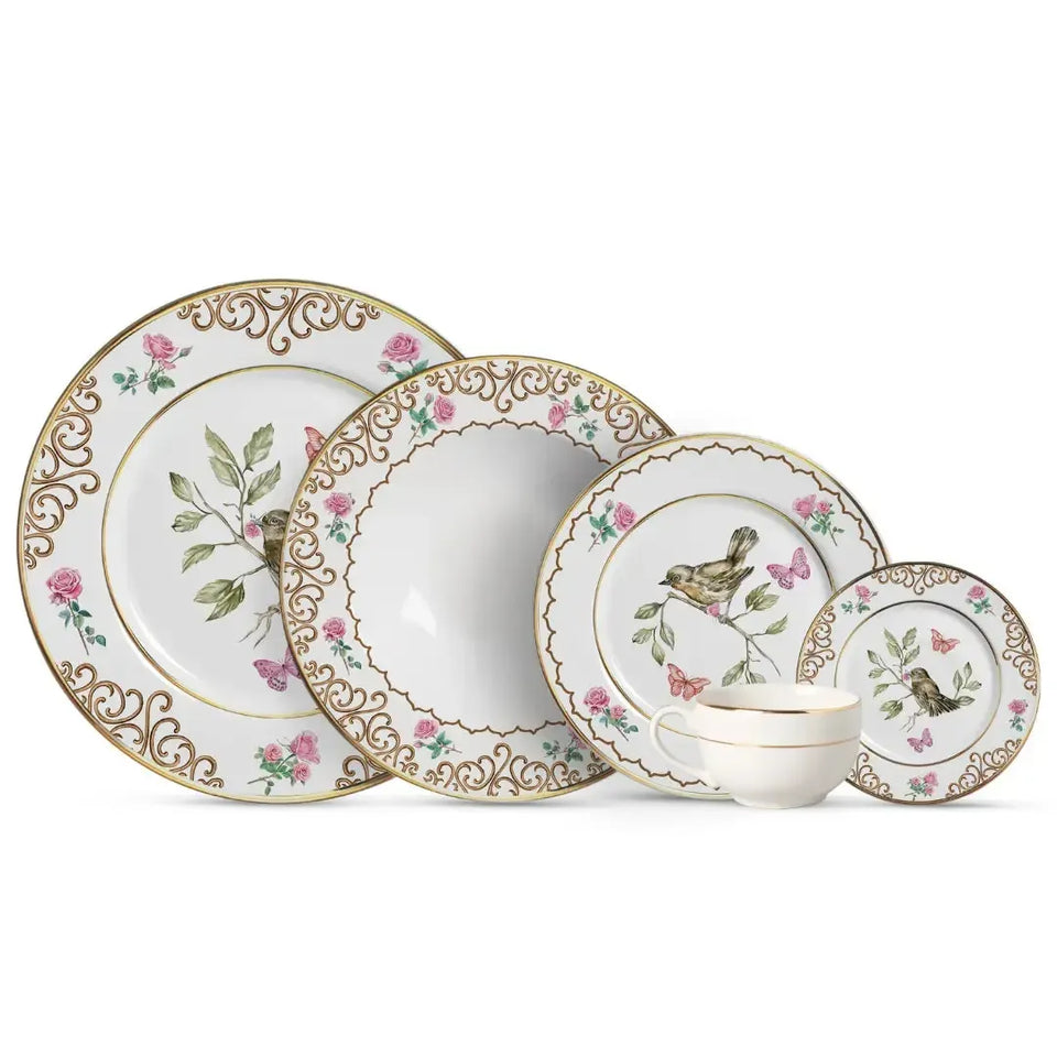 Jogo 6 Pratos Sobremesa Cerâmica Sweet Bird Filete Ouro 21cm Alleanza