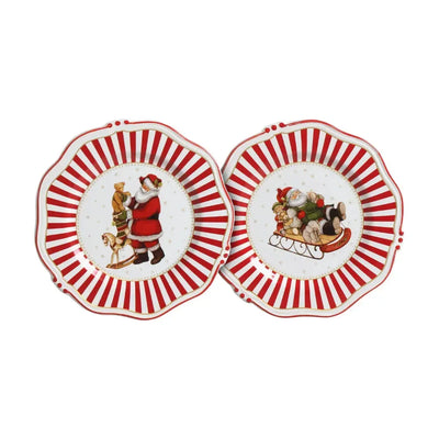 Jogo 6 Pratos Sobremesa Cerâmica Vermelho Filete Dourado Christmas Charm 21cm Scalla
