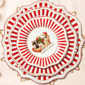 Jogo 6 Pratos Sobremesa Cerâmica Vermelho Filete Dourado Christmas Charm 21cm Scalla