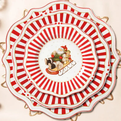 Jogo 6 Pratos Sobremesa Cerâmica Vermelho Filete Dourado Christmas Charm 21cm Scalla