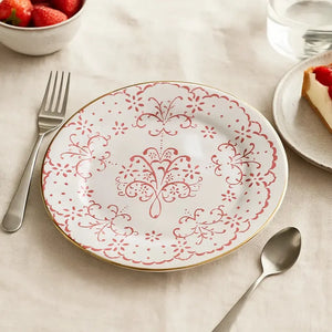Jogo 6 Pratos de Sobremesa Cerâmica Arabesco Rosa 20,5cm Scalla