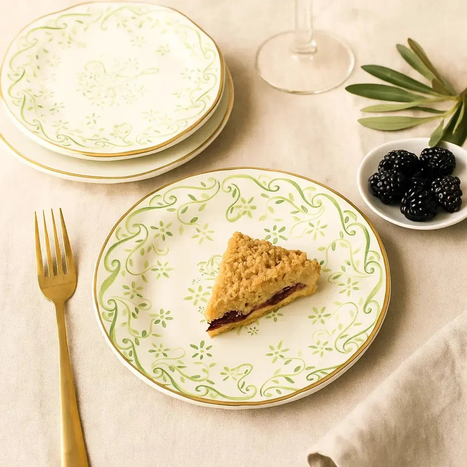 Jogo 6 Pratos de Sobremesa Cerâmica Arabesco Verde 20,5cm Scalla