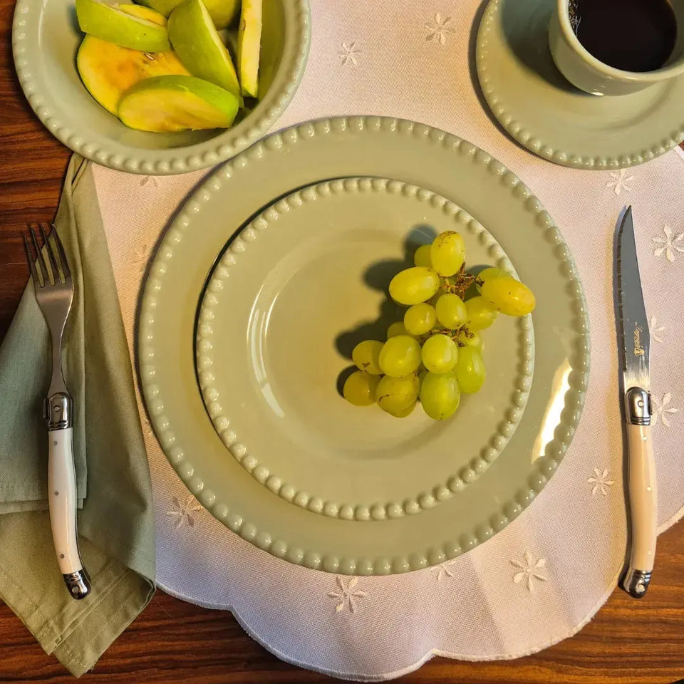 Jogo 6 Pratos de Sobremesa Cerâmica Bolinha Verde 20cm Scalla