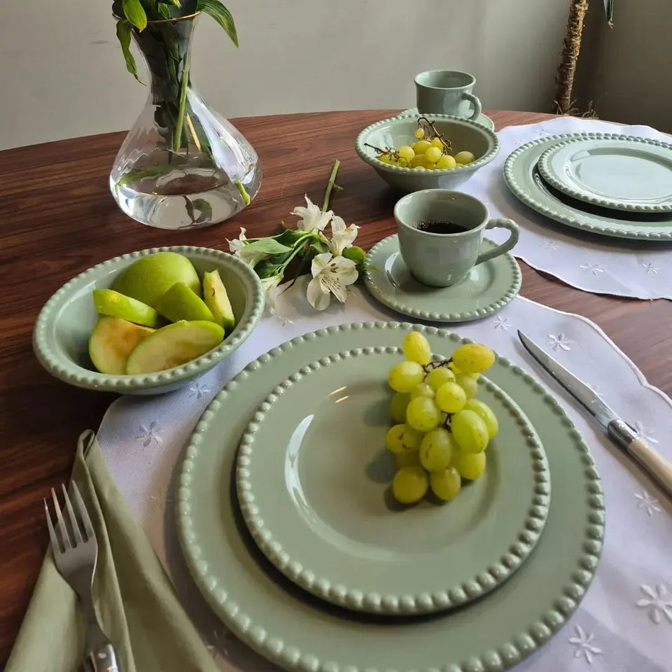 Jogo 6 Pratos de Sobremesa Cerâmica Bolinha Verde 20cm Scalla