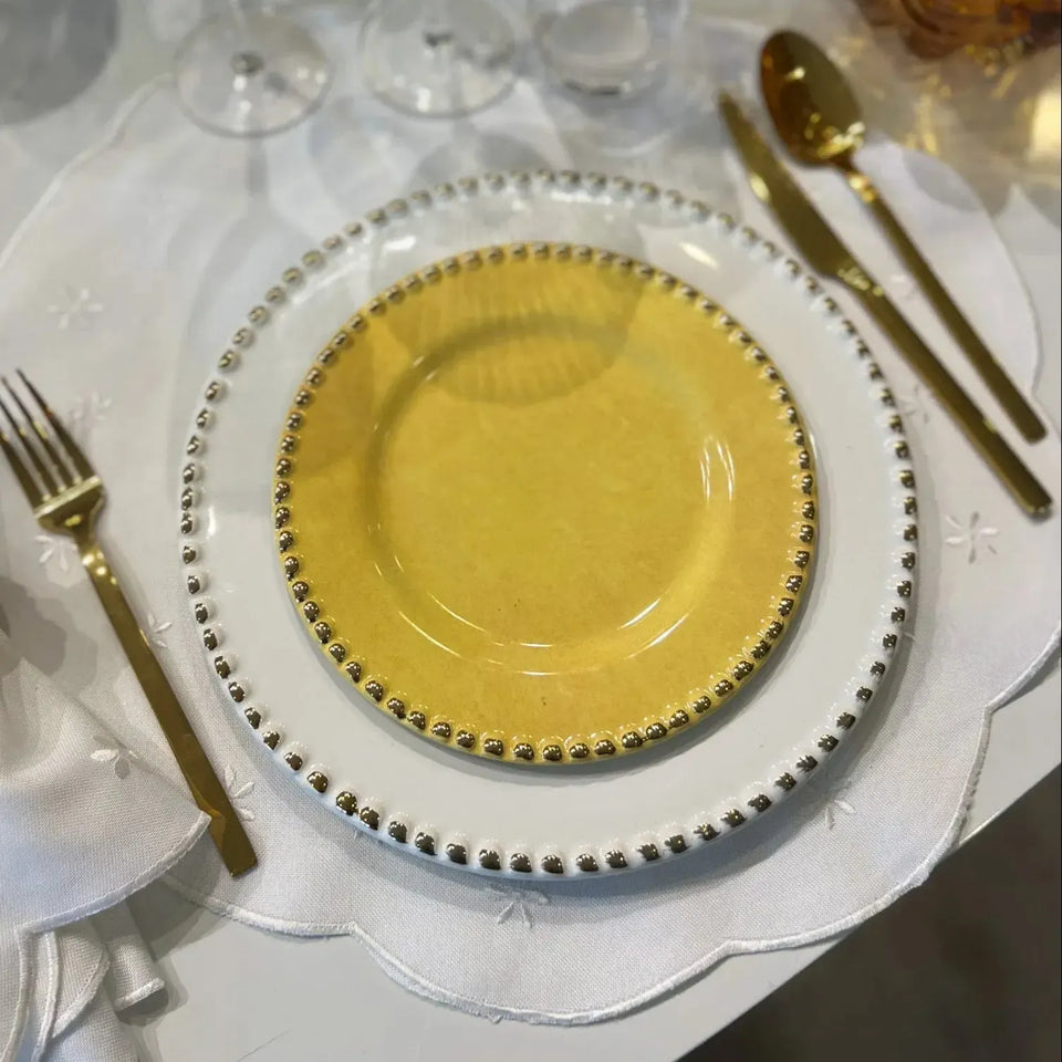 Jogo 6 Pratos de Sobremesa Cerâmica Brasilis Amarelo com Filete de Ouro 20cm Scalla