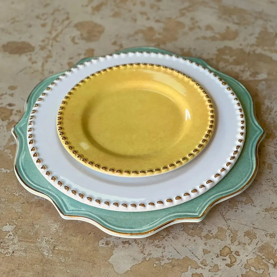 Jogo 6 Pratos de Sobremesa Cerâmica Brasilis Amarelo com Filete de Ouro 20cm Scalla