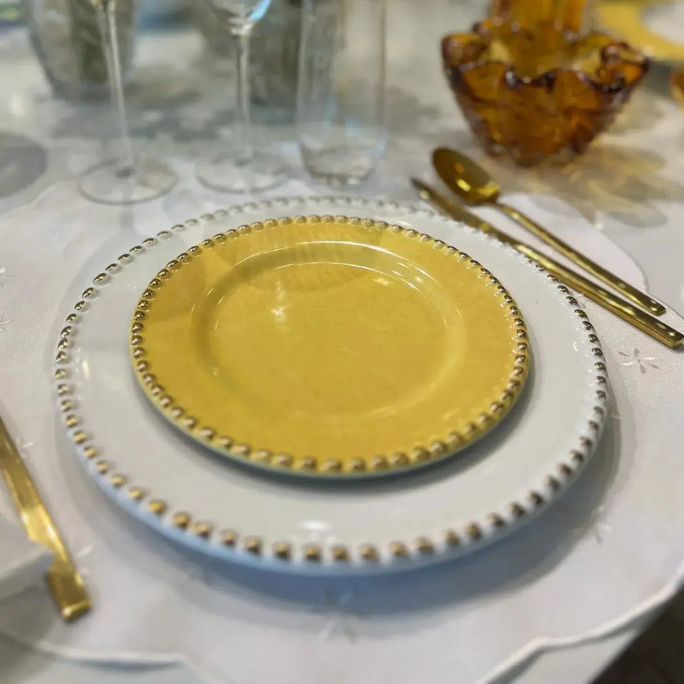 Jogo 6 Pratos de Sobremesa Cerâmica Brasilis Amarelo com Filete de Ouro 20cm Scalla
