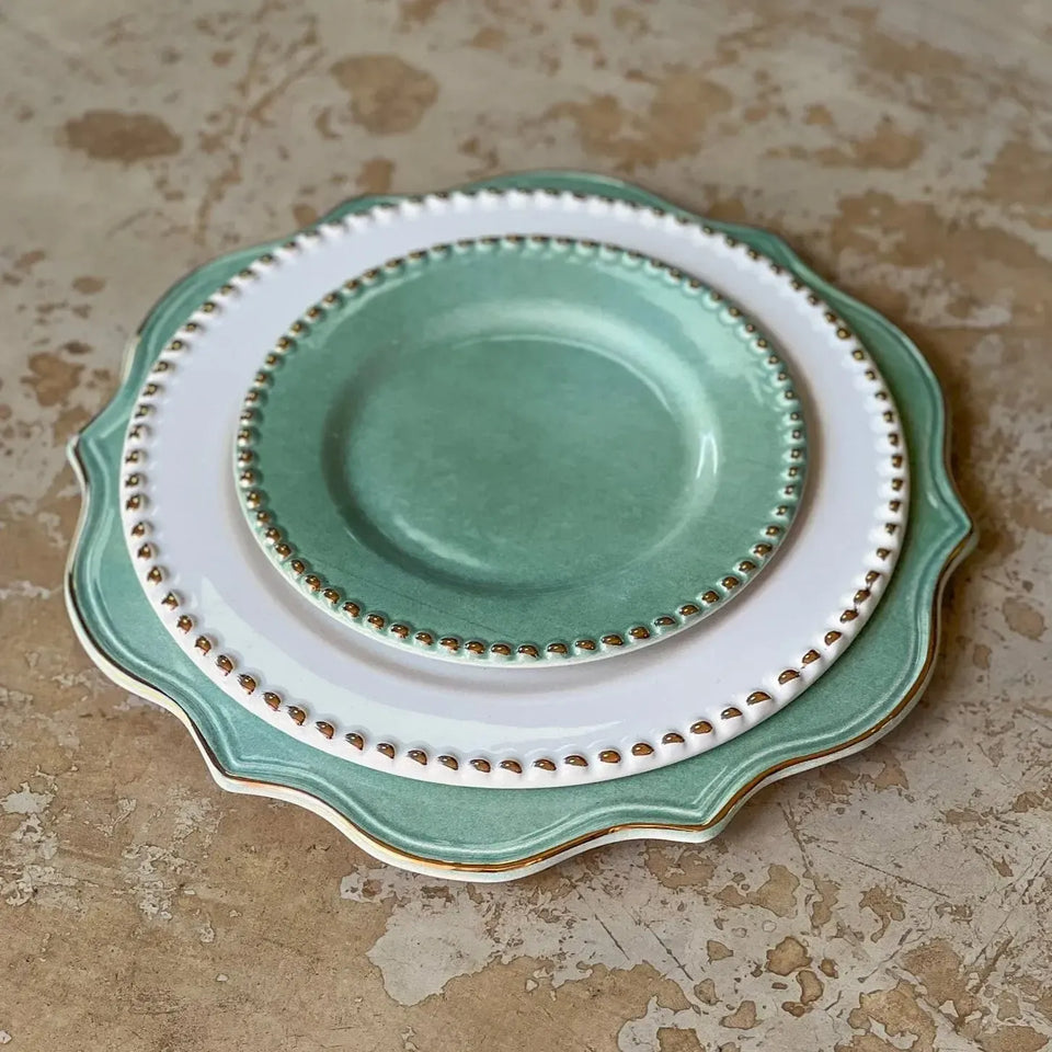 Jogo 6 Pratos de Sobremesa Cerâmica Brasilis Verde com Filete de Ouro 20cm Scalla