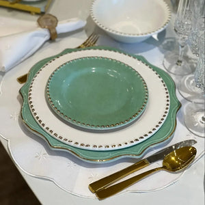Jogo 6 Pratos de Sobremesa Cerâmica Brasilis Verde com Filete de Ouro 20cm Scalla