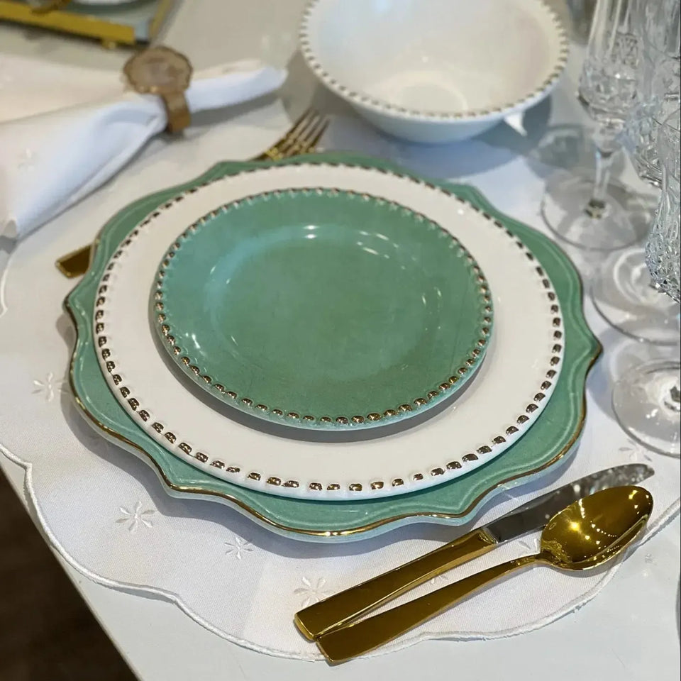 Jogo 6 Pratos de Sobremesa Cerâmica Brasilis Verde com Filete de Ouro 20cm Scalla