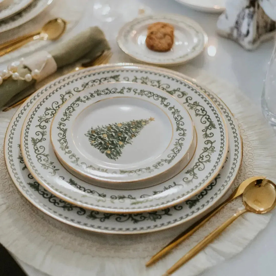 Jogo 6 Pratos de Sobremesa Cerâmica Classic Christmas Filete Dourado 21cm Alleanza