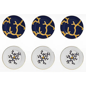 Jogo 6 Pratos de Sobremesa Cerâmica Coral Blue (Azul com Amarelo e Branco com Azul) 20,6cm Scalla