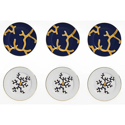 Jogo 6 Pratos de Sobremesa Cerâmica Coral Blue (Azul com Amarelo e Branco com Azul) 20,6cm Scalla