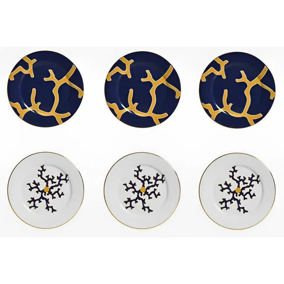 Jogo 6 Pratos de Sobremesa Cerâmica Coral Blue (Azul com Amarelo e Branco com Azul) 20,6cm Scalla