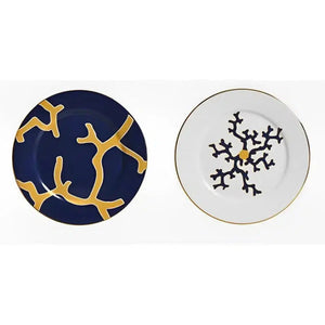 Jogo 6 Pratos de Sobremesa Cerâmica Coral Blue (Azul com Amarelo e Branco com Azul) 20,6cm Scalla