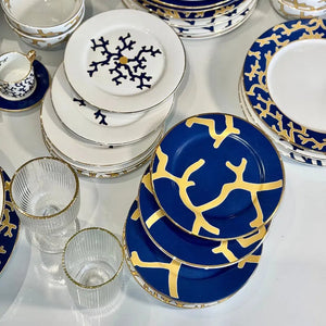 Jogo 6 Pratos de Sobremesa Cerâmica Coral Blue (Azul com Amarelo e Branco com Azul) 20,6cm Scalla