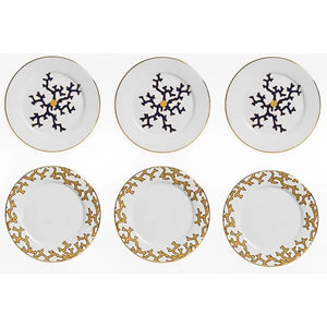 Jogo 6 Pratos de Sobremesa Cerâmica Coral Blue (Branco com Azul e Branco com Amarelo) 20,6cm Scalla