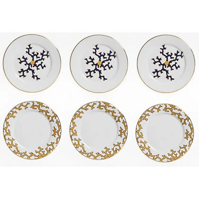 Jogo 6 Pratos de Sobremesa Cerâmica Coral Blue (Branco com Azul e Branco com Amarelo) 20,6cm Scalla