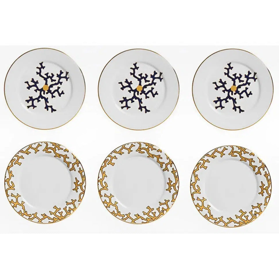 Jogo 6 Pratos de Sobremesa Cerâmica Coral Blue (Branco com Azul e Branco com Amarelo) 20,6cm Scalla