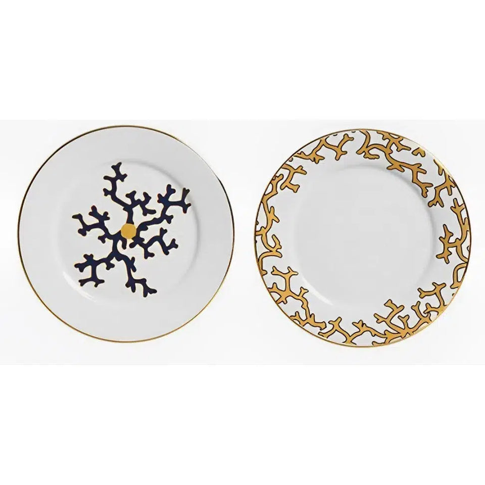 Jogo 6 Pratos de Sobremesa Cerâmica Coral Blue (Branco com Azul e Branco com Amarelo) 20,6cm Scalla