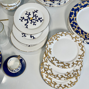 Jogo 6 Pratos de Sobremesa Cerâmica Coral Blue (Branco com Azul e Branco com Amarelo) 20,6cm Scalla