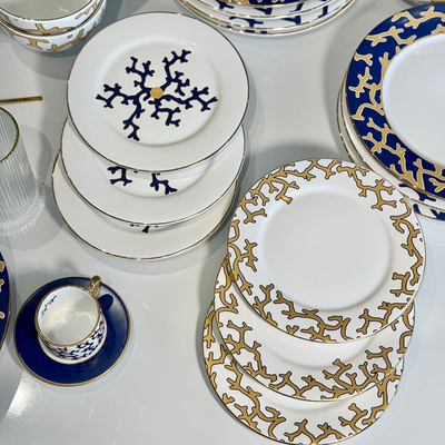 Jogo 6 Pratos de Sobremesa Cerâmica Coral Blue (Branco com Azul e Branco com Amarelo) 20,6cm Scalla