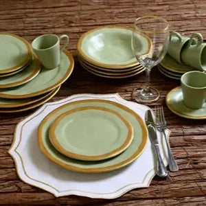Jogo 6 Pratos de Sobremesa Cerâmica Verde com Filete Amassada 20cm Scalla