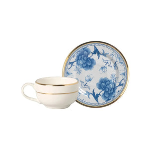 Jogo 6 Xícaras Café Cerâmica Pires Chinese Blue Filete Ouro 85ml Alleanza