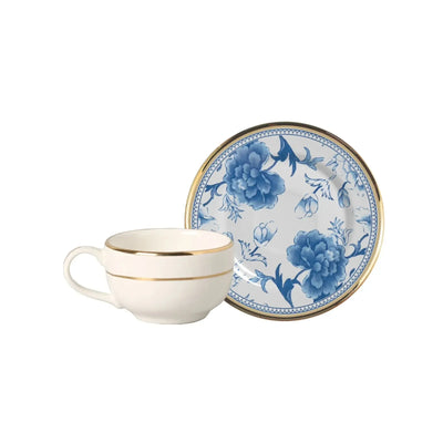 Jogo 6 Xícaras Café Cerâmica Pires Chinese Blue Filete Ouro 85ml Alleanza