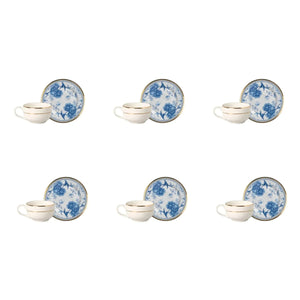 Jogo 6 Xícaras Café Cerâmica Pires Chinese Blue Filete Ouro 85ml Alleanza