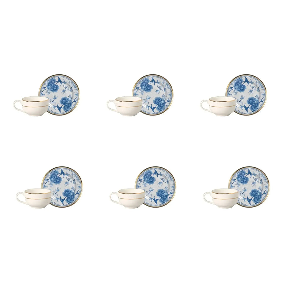 Jogo 6 Xícaras Café Cerâmica Pires Chinese Blue Filete Ouro 85ml Alleanza