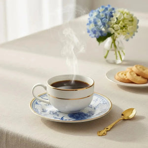 Jogo 6 Xícaras Café Cerâmica Pires Chinese Blue Filete Ouro 85ml Alleanza