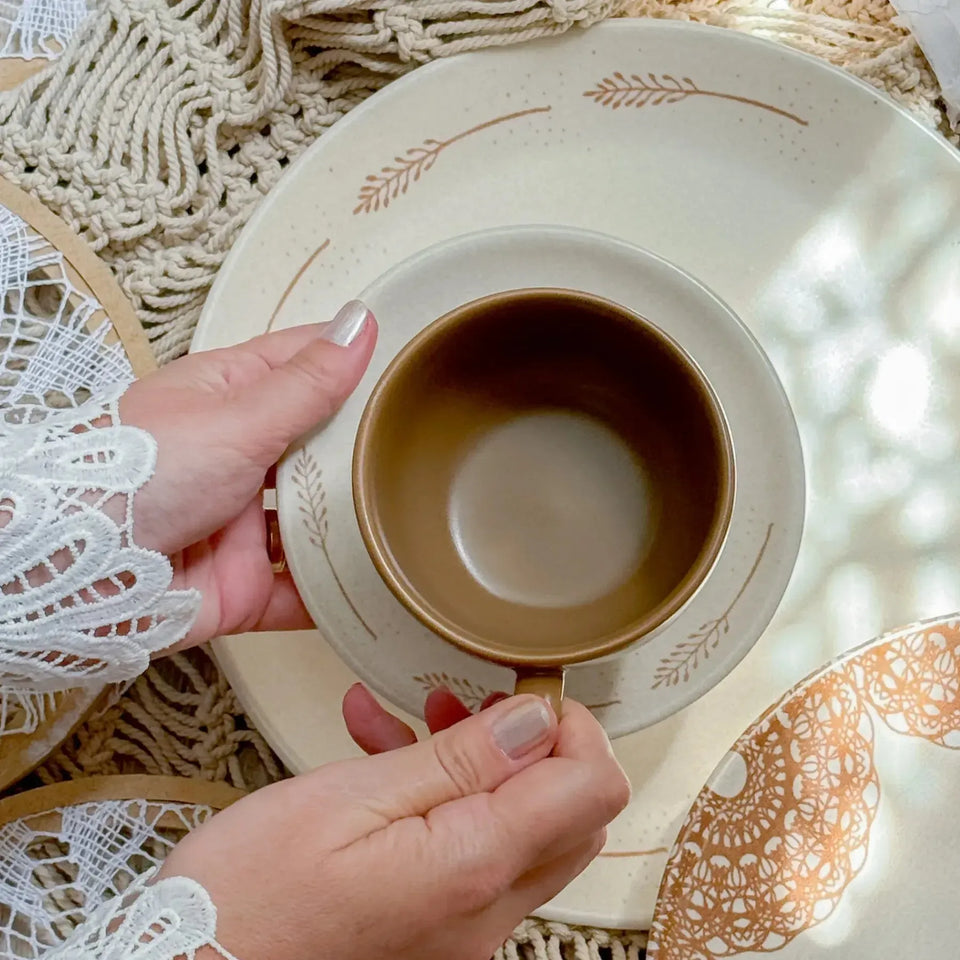 Jogo 6 Xícaras Chá Cerâmica Macchiato Pires Coup Rendeira By Aurora 250ml Alleanza