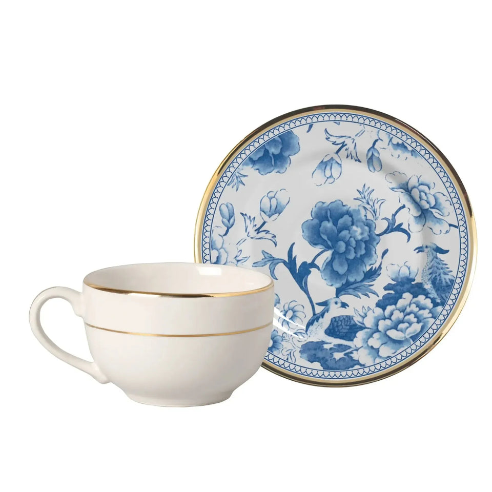 Jogo 6 Xícaras Chá Cerâmica Pires Chinese Blue Filete Ouro 250ml Alleanza
