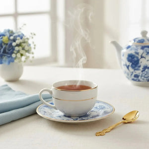 Jogo 6 Xícaras Chá Cerâmica Pires Chinese Blue Filete Ouro 250ml Alleanza