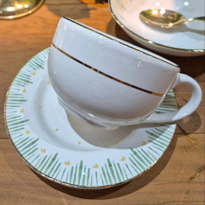 Jogo 6 Xícaras Chá Cerâmica Pires Donatella Filete Ouro 250ml Alleanza