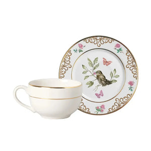 Jogo 6 Xícaras Chá Cerâmica Sweet Bird Filete Ouro 250ml Alleanza