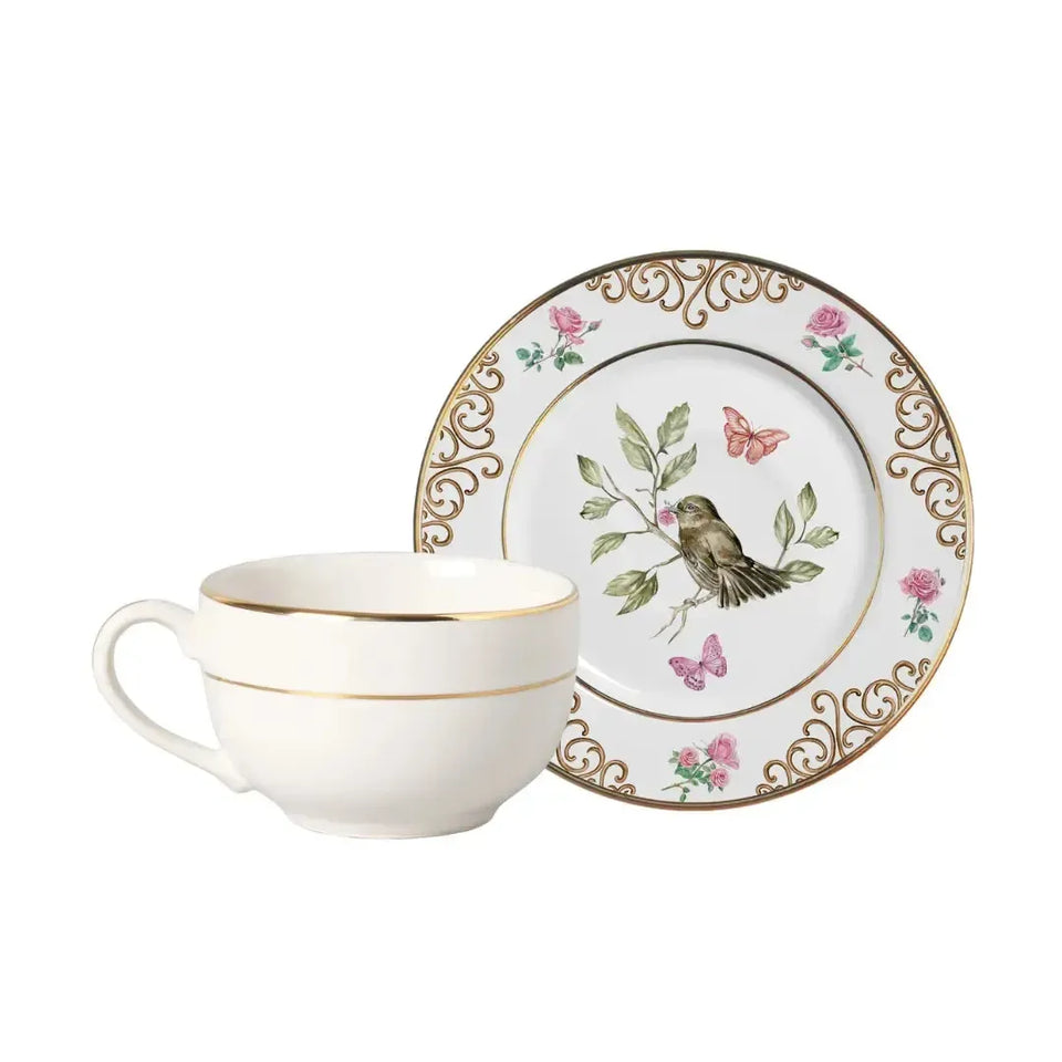 Jogo 6 Xícaras Chá Cerâmica Sweet Bird Filete Ouro 250ml Alleanza